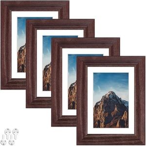 5X7 Picture Frames(Brown,4pack)Solid Wood with HD Real Glass,4X6 Mat,Mount